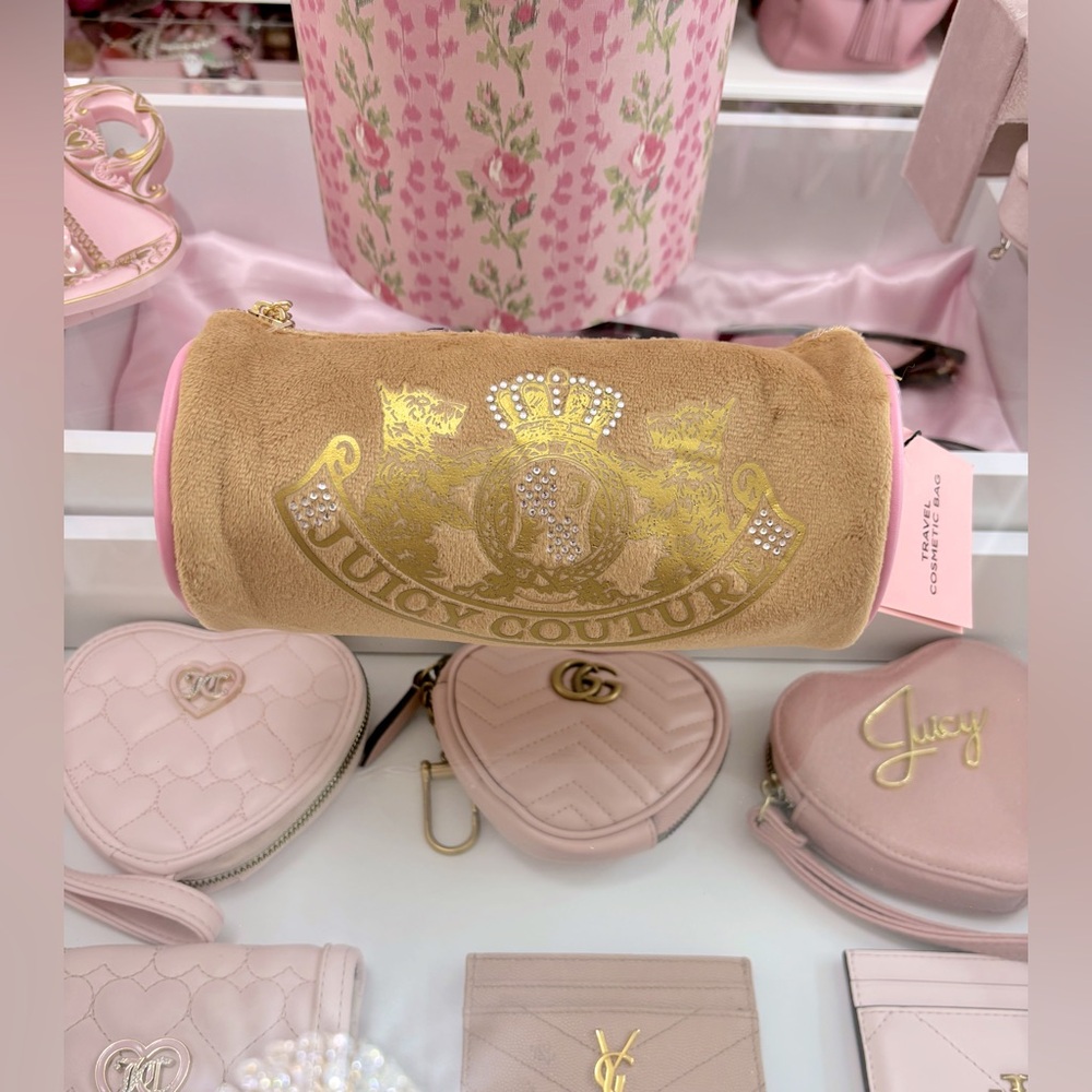 Juicy Couture Barrel Pink Velour Barrel Cylinder roll Pink and Brown Makeup Bag